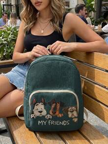 1 Piece Backpack, Women's Mini Backpack, Corduroy Girl School Bag, Travel Storage Bag, Puppy Printed Design, Large‑Capacity Foldable Easy‑To‑Store Bag, Lightweight & Pressure‑Relieving, Multi‑Pocket Layered Design With Zipper Closure - Cartoon Puppy 21175 - View 1