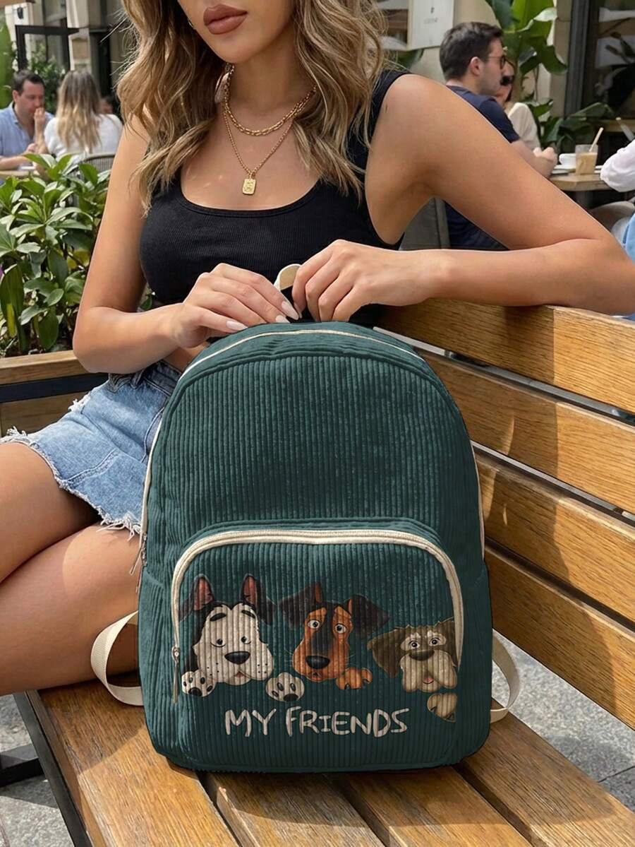 1 Piece Backpack, Women's Mini Backpack, Corduroy Girl School Bag, Travel Storage Bag, Puppy Printed Design, Large‑Capacity Foldable Easy‑To‑Store Bag, Lightweight & Pressure‑Relieving, Multi‑Pocket Layered Design With Zipper Closure - Cartoon Puppy 21175 - View 1