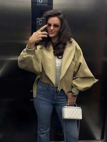 Women's Casual Solid Color Short Jacket, Fashionable Everyday Wear Short Coat - Khaki - View 1