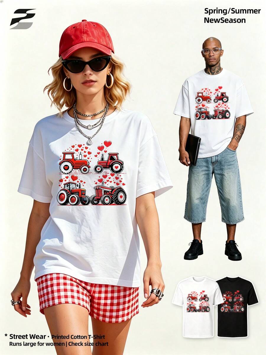 Women's Soft Cotton Printed Round Neck Tee, Vintage Y2K Style, Breathable Short Sleeve Top Daily & Weekend Wear. - White - View 1