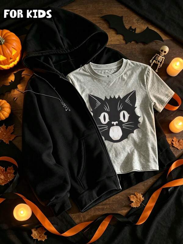Casual 2‑Pcs Set, Soft Cotton‑Feel Zip‑Up Hoodie And Spooky Black Cat Graphic T‑Shirt, Kids Outfit For Halloween Party
