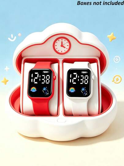 2pcs/Set, Fashionable Cute Children's Square Digital Display LED Screen Electronic Watch, Suitable For Students To Wear, Fashion Accessory, Great Choice For Back To School, Christmas, Birthday Gifts, Also Suitable For Daily Wear. (Gift Box Not Included)