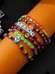 6pcs/Set Halloween Stackable Bracelets, Holiday Party Pumpkin Ghost Skull Letter Beaded Elastic Wristbands - Multicolor - View 4