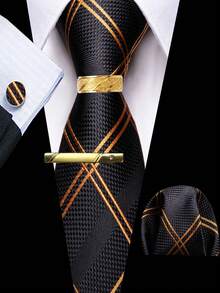 5Pcs Men Orange Plaid Tie Pocket Square Cufflinks Ring Tie Clip Set, Random Cufflink Pattern, Suit Accessories For Wedding - Orange - View 1