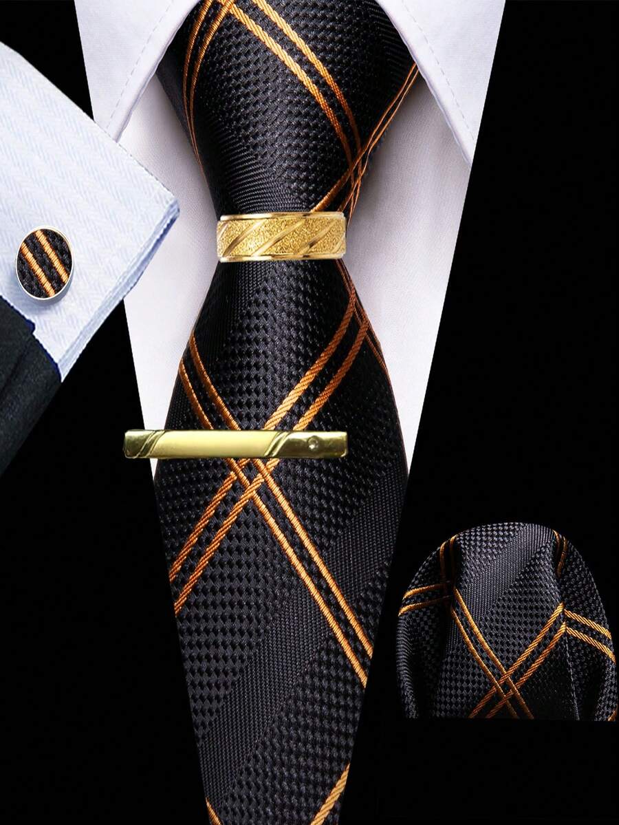 5Pcs Men Orange Plaid Tie Pocket Square Cufflinks Ring Tie Clip Set, Random Cufflink Pattern, Suit Accessories For Wedding - Orange - View 1