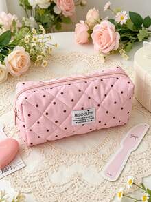 1pc Cute Polka‑Dot Quilted Makeup Pouch Soft Fabric Zipper Pen Case Portable Multi‑Purpose Storage Bag For Daily Use Cosmetics & Brushes Organization - Multicolor - View 5