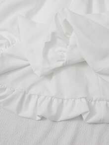 Girls White Round Neck Ribbed Long Sleeve Knit Patchwork Puff Hem Lantern Dress, Simple Cute Princess Style Young Girl Outfit - White - View 5