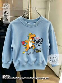 كنزة رياضية بياقة دائرية للأطفال، طباعة رسومية لحروف ديناصور التزلج The Dino Flip، من القطن الناعم، سترة علوية للأطفال - الأزرق - مشاهدة 7