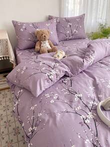 2/3pcs Purple Double-Sided Plum Blossom Branch Print Duvet Cover Set (Pillow Inserts Not Included), Breathable & Super Soft, Suitable For All Seasons (1 Duvet Cover + 1/2 Pillowcases, Pillow Inserts Not Included), Soft Dual-Color Design - Purple - View 1