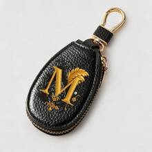 Litchi Pattern Key Bag -Black Gold Letters A-Z Car Key Protection Cover,PU Key Storage Clip,Zipper Bag,Car Key Storage Device,Car Keychain,Unisex Gift - Multicolor - View 59