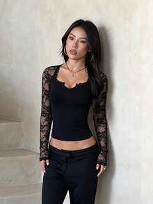 1pc Solid Color Knit Fabric Lace Patchwork Top Office Autumn - Black - View 3