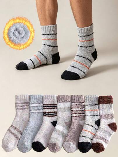 1/3/5 Pairs Men's Striped Coral Fleece Mid-Calf Socks, Autumn/Winter Home Fuzzy Floor Socks