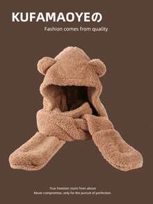 1pc Bear Ear Hat 3 Pieces Set, Thickened Warm Double-Layer Cold-Proof Cute Hat, One-Piece Hat, Solid Color Polyester (Polyester) Fine Fleece - A - View 7