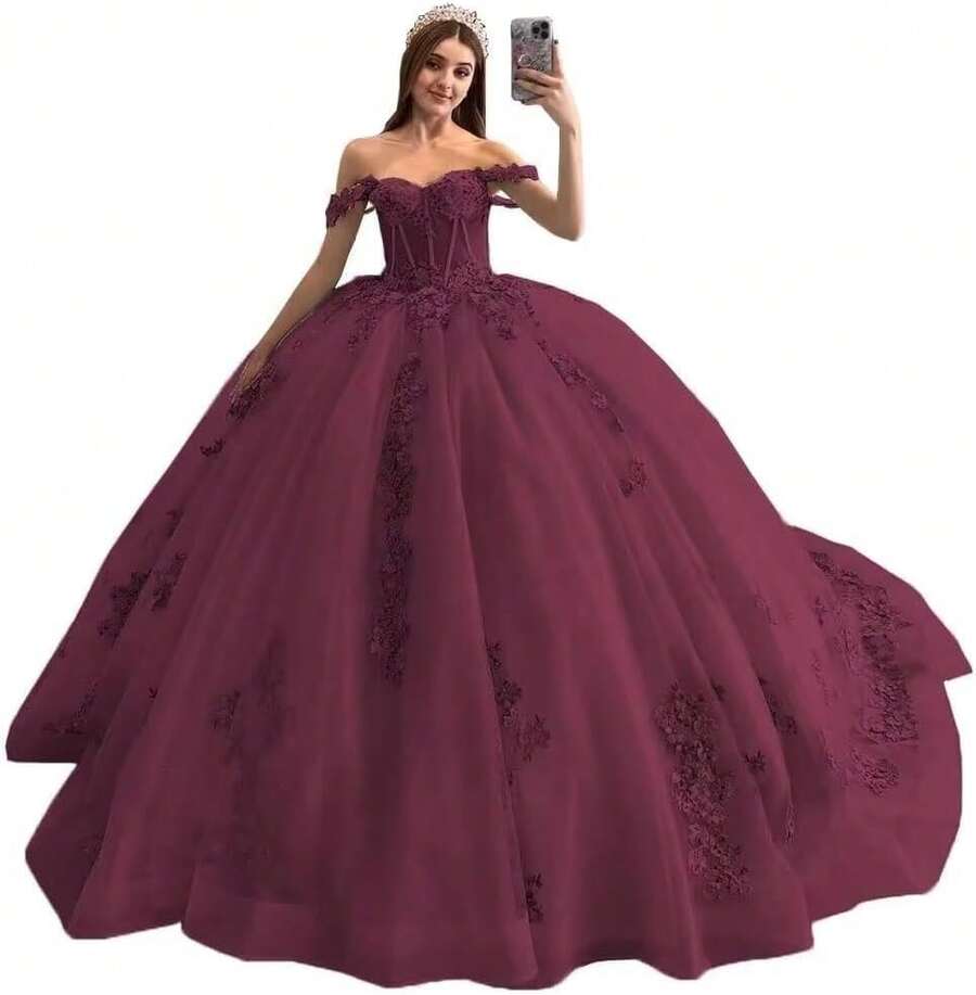 Vestidos de Quinceañera con Hombros Descubiertos, Talla Grande, Vestido de Encaje con Apliques Dulces 15 16, Fiesta de Graduación, Boda, Cumpleaños - Borgoña intenso - Ver 1