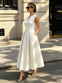 Solid Color Minimalist Hollow Out Slit V-Neck Sleeveless Waist-Cinching Midi Dress, Elegant Style - Beige - View 2