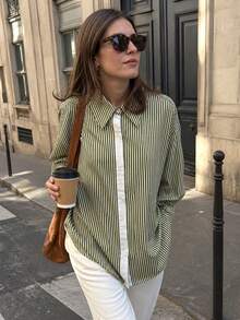 1pc Women's Fresh Classic Vertical Striped Collared Shirt, Contrast Placket Loose Drop Shoulder Long Sleeve Casual Commuter Versatile Blouse, Suitable For Daily Light Commute Work, Layered Autumn Outfit - Multicolor - View 5