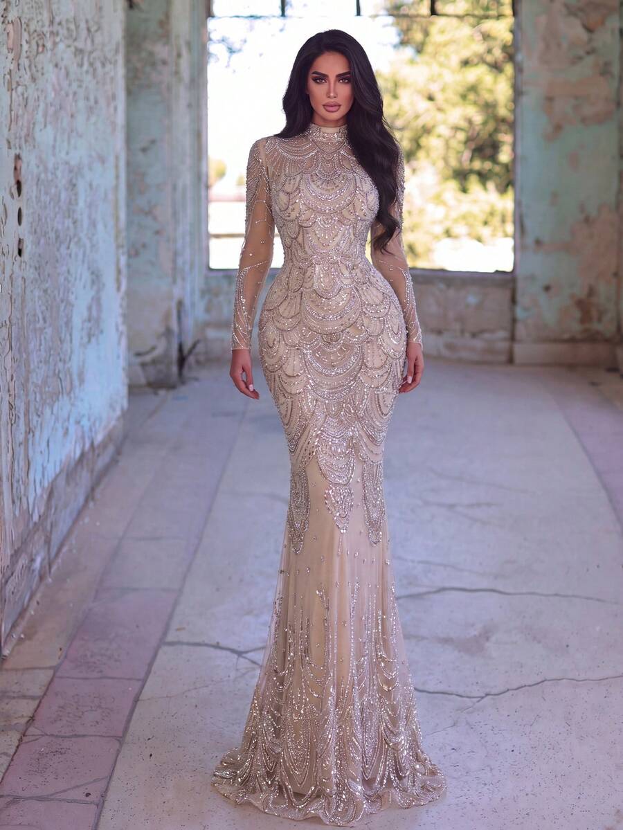Faeriesty Women's Luxury Evening Gown - High Neck Mermaid Style Evening Dress With Shell Trim And Sequin Embellishments Fall Wedding Party