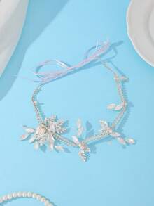 3pcs Vintage Silver Leaf Pearl Headband, Elegant Tie-Up Bridal Hair Accessory - Silver - View 3