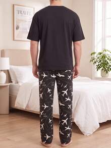 Plus Size Men's Travel Style Airplane Print Pajama Set "Fly High" Theme Short Sleeve Top + Long Pants Comfortable Home Sleepwear - Black - View 2