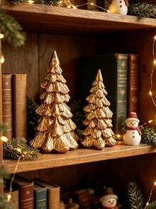1 Set Vintage Metallic Gold Resin Christmas Tree Ornament, Desktop Christmas Decoration, Can Be Placed On Fireplace Mantel, Bookshelf, Coffee Table To Create Holiday Home Decor Atmosphere - 2pcs - View 2