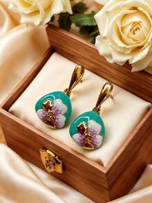 ZHIXUN 1 Pair Of Retro Bohemian Style Fashionable Elegant Flower Patterns Earrings, New Enamel Drop Flower Design, Suitable For Daily Matching And Gatherings - Earring 1 - View 6