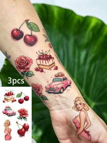 Sweet Cool Girl Style Pink Cherry Waterproof Temporary Tattoo Stickers, Fresh Cake Rose Pattern, Vintage Design, Suitable For Arm, Chest And Back Decoration, Lasts 2-5 Days - Multicolor - View 7