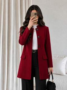 Women's Autumn/Winter Elegant Minimalist Small Stand Collar Solid Color Casual Daily Commute Front Button Faux Pocket Slim Fit Flattering Long Sleeve Wool Blend Coat - Burgundy - View 2