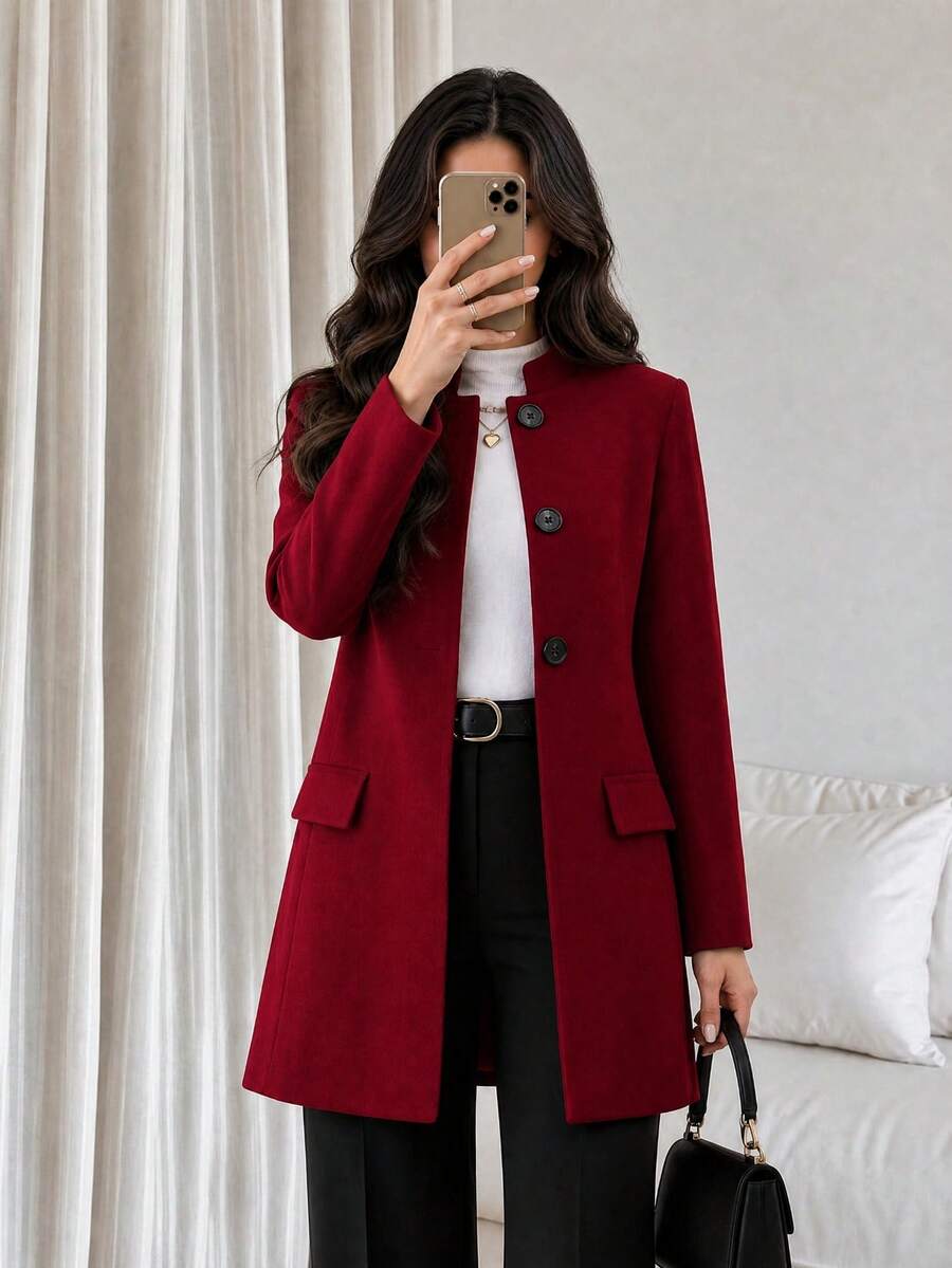 Women's Autumn/Winter Elegant Minimalist Small Stand Collar Solid Color Casual Daily Commute Front Button Faux Pocket Slim Fit Flattering Long Sleeve Wool Blend Coat