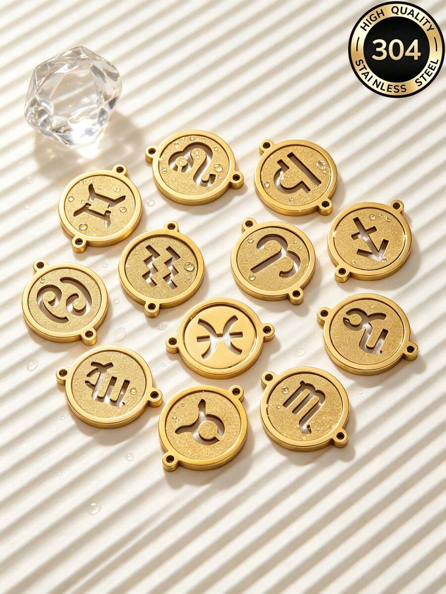 1/5pcs Zodiac Connector Pendant, 18K Gold Plated 304 Stainless Steel Double Hole Zodiac Pendant, Non-Fading DIY Jewelry Accessories - Zodiac Connector Ring - View 1