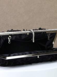 Dedoo Women's Evening Clutch Bag, Rectangular Hard Frame, 3D Petal Floral Pattern, Rhinestone Trim, Elegant Gothic Glamour Style, Suitable For Cocktail Parties, Banquets, Balls - Black - View 9