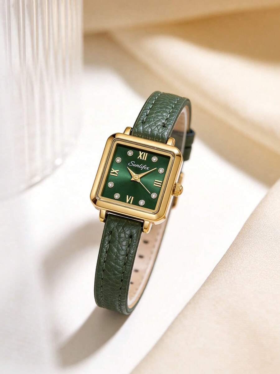 1件女款方形復古石英手錶，金色合金錶殼，綠色錶盤，綠色PU錶帶，優雅手錶，適合日常佩戴與送禮
