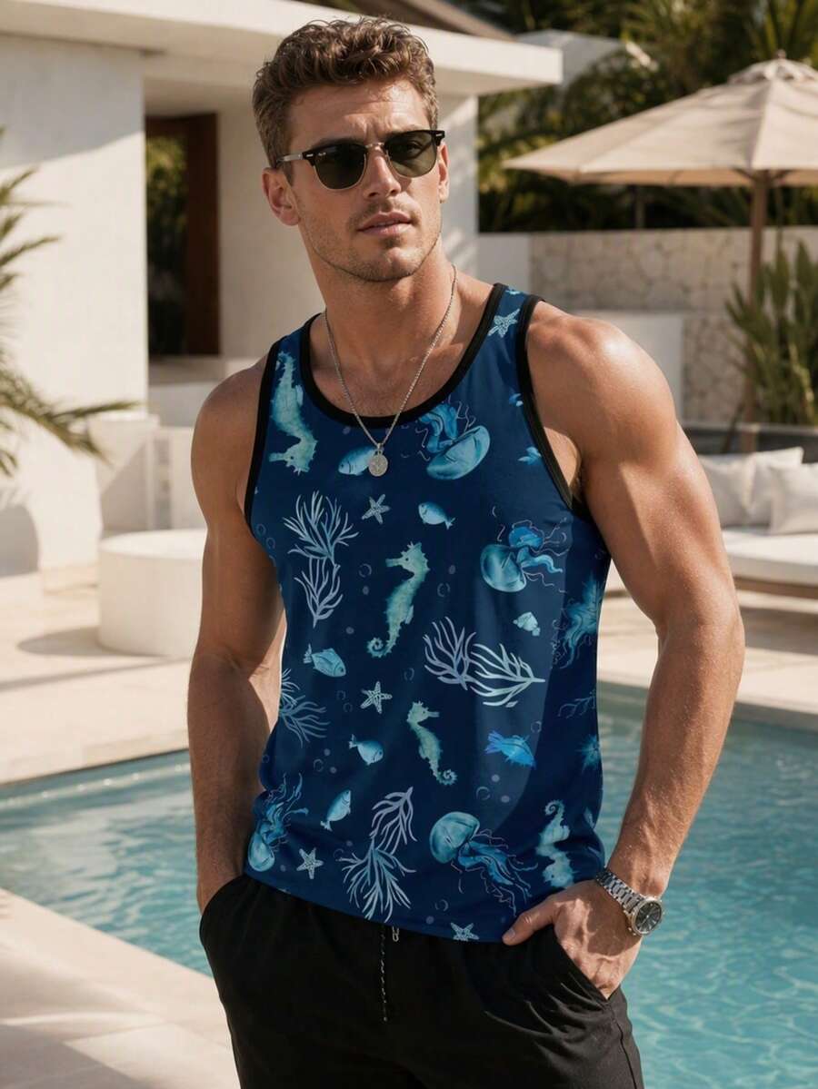 Men's Marine Life Print Sleeveless Tank Top - Multicolor - View 1