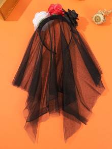 1pc Halloween Artificial Flower Black Mesh Headband, Holiday Ghost Bride Costume Headpiece, Party Cosplay Hair Accessory - Multicolor - View 13