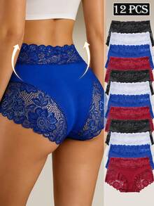 12pcs Women's High Waist Comfortable Lace Patchwork Panties, Elegant Style Triangle Briefs - Multicolor - View 1