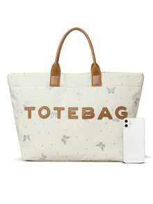 New Women's Tote Bag, Nylon Fabric, Butterfly Print & Letter Pattern, Handbag For Outing, Commuting, Shopping, Large Capacity - White - View 3