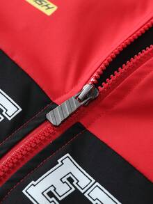 Men's Red & Black Colorblock F1 Racing Style Stand Collar Jacket, Multi-Print Loose Fit Vintage Motorcycle Casual Jacket, Spring/Autumn - Red - View 9