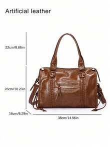 Vintage Faux Leather Shoulder Bag, Fashion Design Large Capacity Shoulder Bag, Niche Classic Multi-Functional Handbag, Suitable For Daily Commute - Brown - View 4