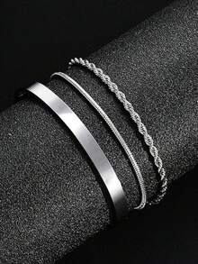 3pcs/1pc Fashion Open Cuff Bracelet Snake Chain Twisted Rope Chain Minimalist Premium Gold Layered Jewelry Fade-Resistant Men's Accessory Suitable For Daily Wear Valentine's Day Gift Back To School Party Banquet - Silver - View 3