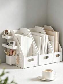 1pc White Multi-Grid Desktop File Organizer, Minimalist Modern Style Plastic Material, Slanted Opening Design, With Pegboard Side Hanging Basket, Multi-Functional Book File Stationery Storage Rack, Suitable For Study Office Daily Use, All Season - Multicolor - View 5