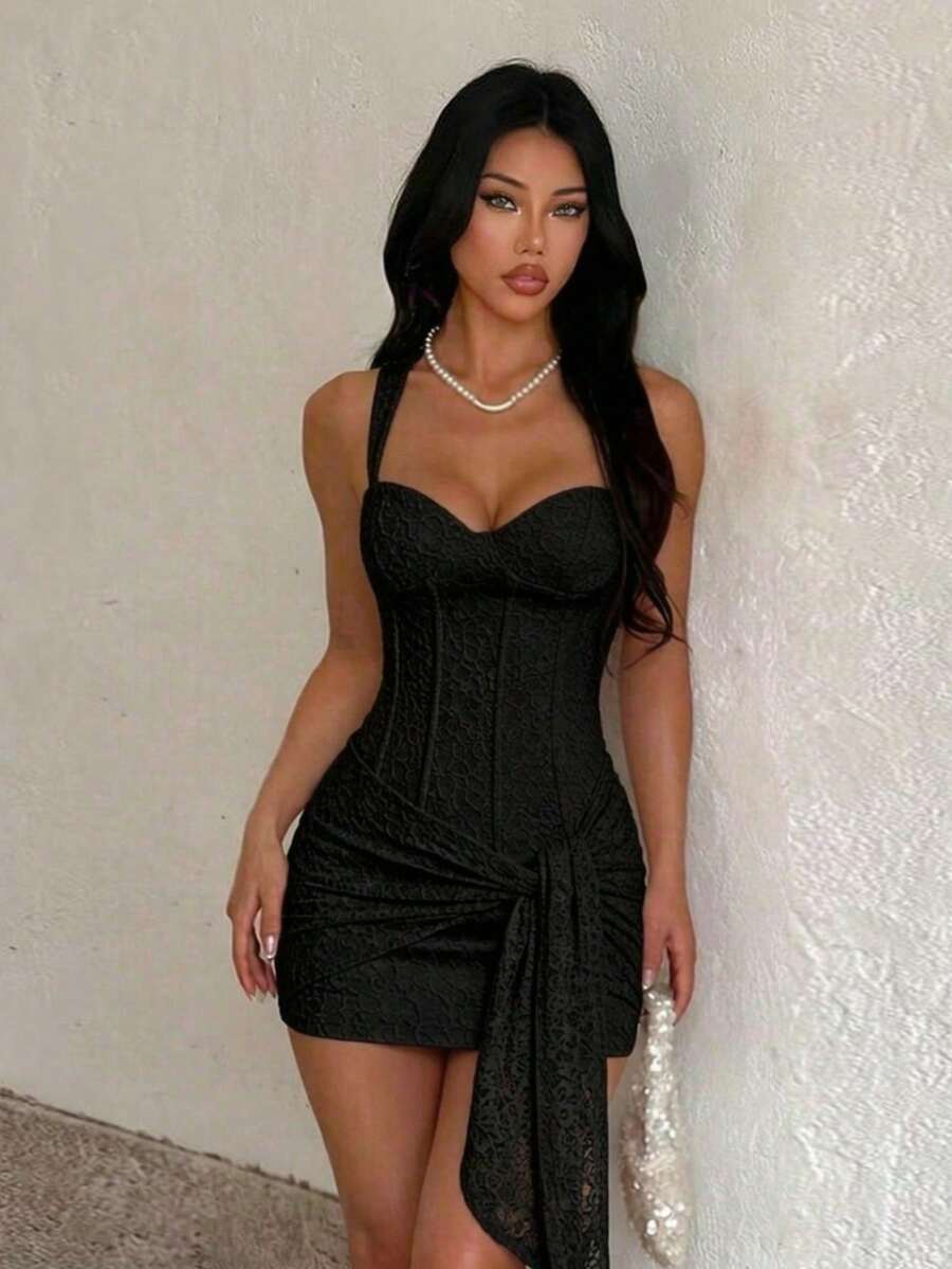 Lace Ribbon Summer Camisole Front Knot Fitted Dress, Short Square Neck Black Dress, Party, Vacation, Beach And Other Occasions Elegant