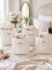 Custom Embroidered Bridesmaid Tote Bag, Personalized Canvas Beach Bag With Initial Ribbon, Bridesmaid Wedding Gift, Bridal Party Tote Bag - Multicolor - View 7