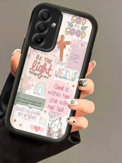 1pc Eye Of God Staircase Christian Faith Sticker Collage Phone Case, Inspirational Bible Verse Cross Rainbow Flower Print Soft TPU Shockproof Protective Phone Case, Black Leather Frame Shockproof Soft TPU Protective Cover, Suitable For GALAXY, HONOR, Phones