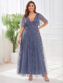 EVERPRETTY Women's Elegant Plus Size V-Neck Ruffle Sleeve Mesh Sequin Embroidered Long Formal Dress For Evening Party Wedding Guest Formal Occasions Fall - Dusty Blue - View 4