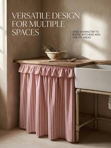 1/2pcs Red Striped Farmhouse Ruffle Sink Skirt Decorative Cabinet Curtain Bathroom Kitchen Sink Skirt Brown Striped Pleated Short Curtain Home Classroom Country Style Table Privacy Curtain Laundry Room - Red - View 3