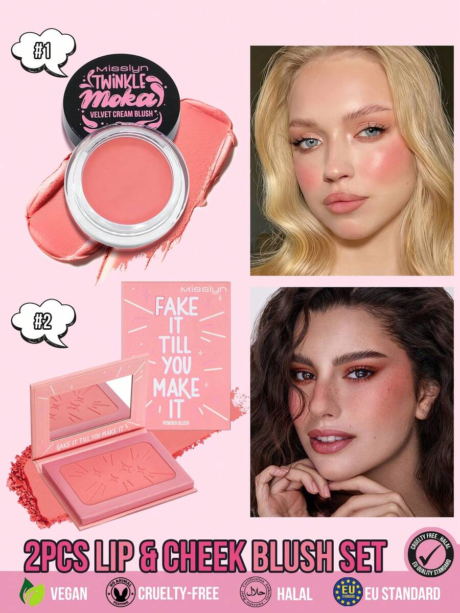 MISSLYN 2PCS Lip & Cheek Blush Set, Cream Blush & Powder Blush Duo, Soft Coral Pink Makeup, Rosy Peach Cheek Color, Smooth Blendable Texture, Fresh Flush Blush Look, Dewy & Soft Matte Finish, Lightweight Makeup For Daily Wear, Party & Y2K Beauty Gift - #1+#2 - View 1