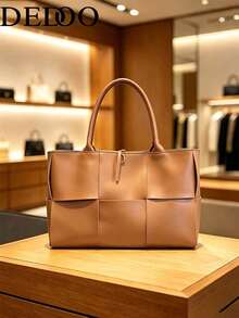 Dedoo Women's Tote Bag, Woven Plaid Design, Solid Color Glossy Leather, Long Handle, Open Top Large Capacity, Minimalist Commuter Travel Bag, Suitable For All Seasons - Brown - View 2