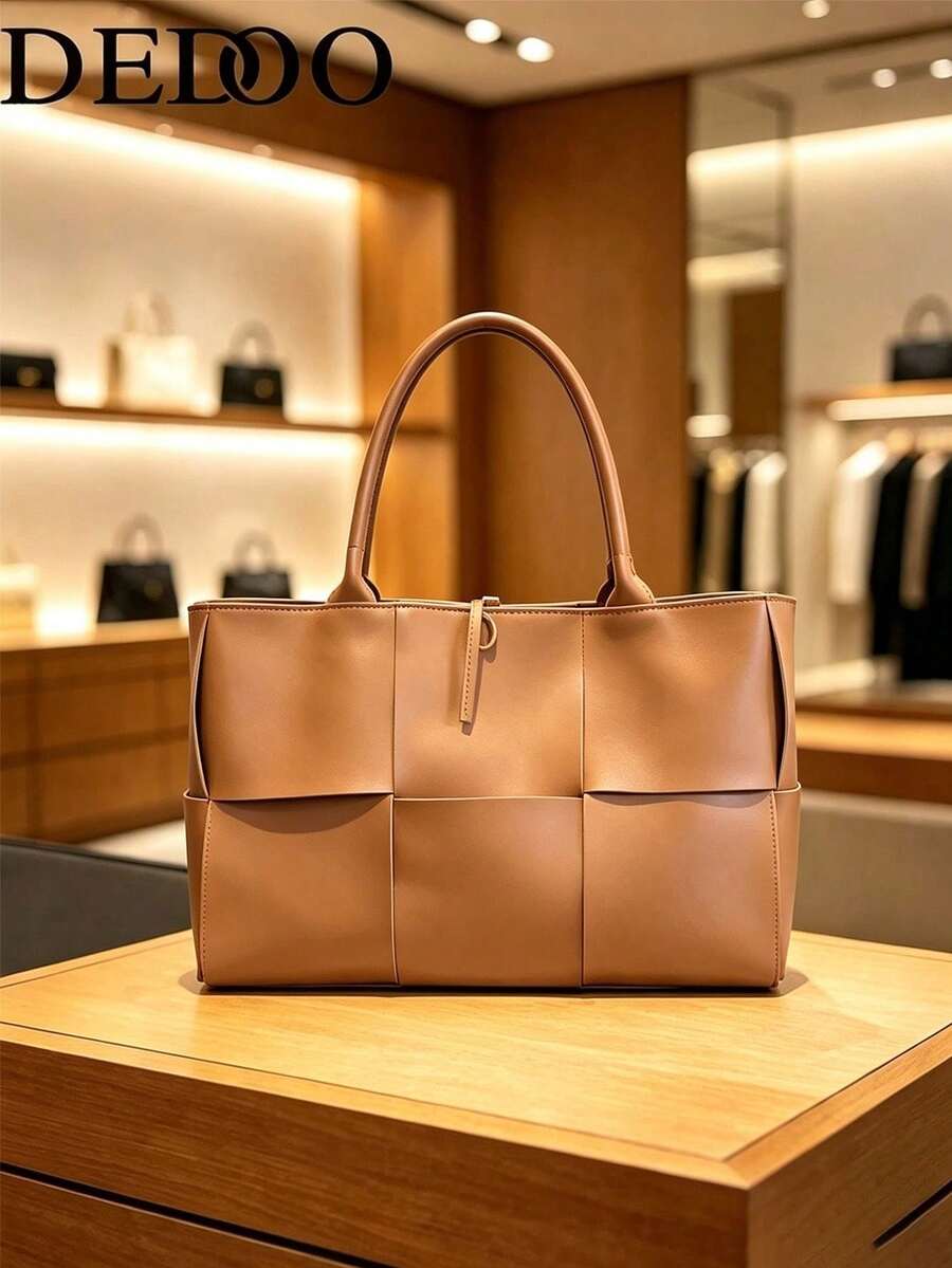 Dedoo Women's Tote Bag, Woven Plaid Design, Solid Color Glossy Leather, Long Handle, Open Top Large Capacity, Minimalist Commuter Travel Bag, Suitable For All Seasons