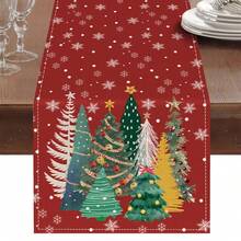 1pc Red Background Christmas Tree & Snowflake Print Table Runner, Linen Texture Holiday Table Runner, Holiday Table Decor, Christmas Party Home Decoration - Red - View 7
