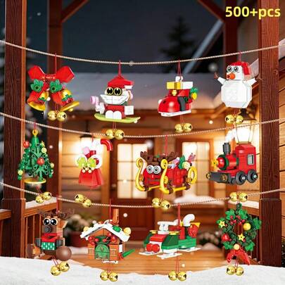 Set de bloques de construcción de 500+ piezas para adornos colgantes de tren navideño, 12 estilos de decoración colgante DIY para árbol de Navidad, kit de bloques de construcción con tren navideño, Papá Noel, muñeco de nieve, modelo de reno, regalo de cumpleaños, vacaciones y Navidad, set de bloques de construcción de adornos colgantes navideños
