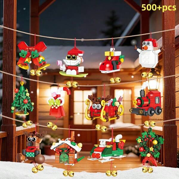 500+ Pieces Christmas Train Hanging Ornament Building Block Set, 12 Styles DIY Christmas Tree Hanging Decor Building Block Kit, Christmas Train, Santa Claus, Snowman, Reindeer Model, Birthday Holiday Christmas Gift, Christmas Hanging Ornament Building Block Set